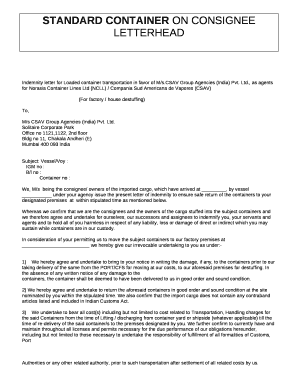 STANDARD CONTAINER ON CONSIGNEE LETTERHEAD