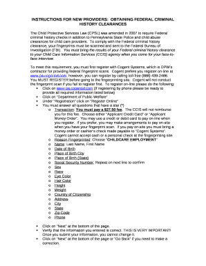 INSTRUCTIONS FOR NEW PROVIDERS:OBTAINING FEDERAL CRIMINAL HISTORY CLEARANCES