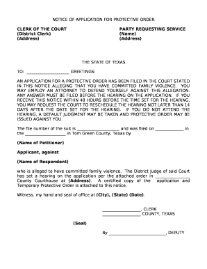 NOTICE OF APPLICATION FOR PROTECTIVE ORDER