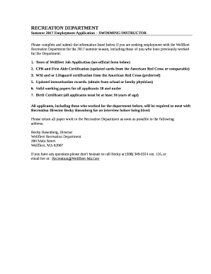 Summer 2017 Employment Application SWIMMING INSTRUCTOR