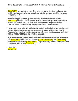 Driver Operating Kit / Info/ Leased Vehicle Guidelines, Policies & Procedures
