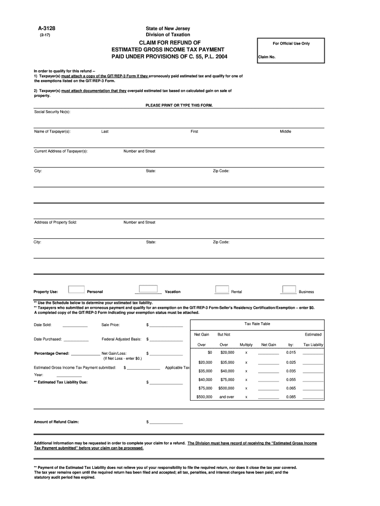 nj claim for refund form Preview on Page 1