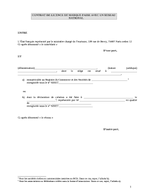 Remplissable CONTRAT DE LICENCE DE MARQUE PASSE AVEC UN RESEAUNATIONAL