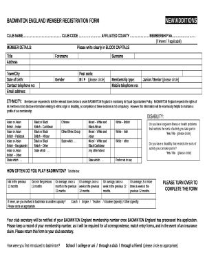 BADMINTON ENGLAND MEMBER REGISTRATION FORMNEW/ADDITIONS