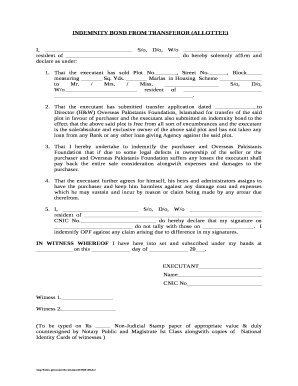 INDEMNITY BOND FROM TRANSFEROR (ALLOTTEE)