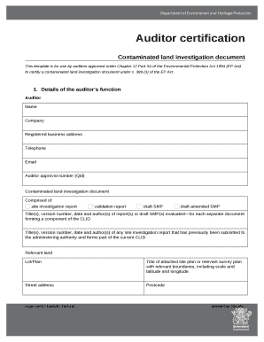 This template is for use by auditors approved under Chapter 12 Part 3A of the Environmental Protection Act 1994 (EP Act) to certify a contaminated land investigation document under s