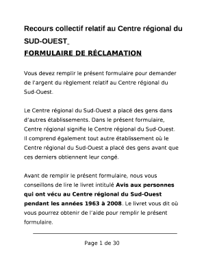 Remplissable Recours collectif relatif au Centre rgional du SUD-OUEST