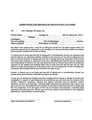 UNDERTAKING FOR ISSUANCE OF DUPLICATE BILL OF LADING