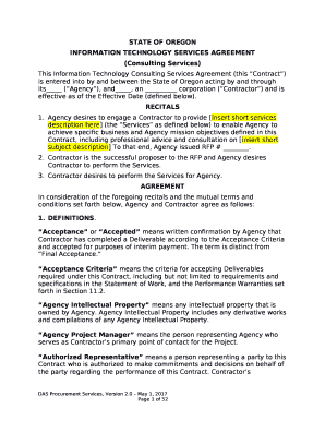 This Information Technology Consulting Services Agreement (this Contract) is entered into by and between the State of Oregon acting by and through its (Agency), and, an corporation (Contractor) and is effective as of the Effective Date