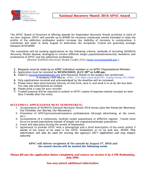 The APNC Board of Directors is offering awards for September Recovery Month activities in each of our four regions