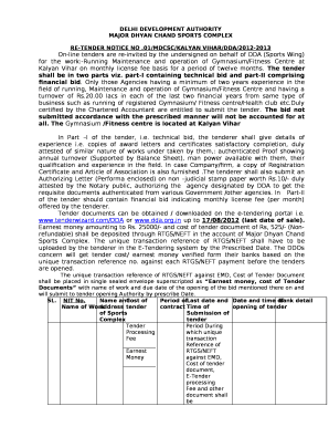 On-line tenders are re-invited by the undersigned on behalf of DDA (Sports Wing) for the work:-Running Maintenance and operation of Gymnasium/Fitness Centre at Kalyan Vihar on monthly license fee basis for a period of twelve months