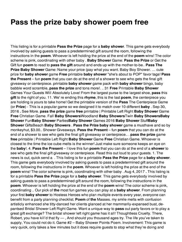 Fillable Online Pass the prize baby shower poem free Fax Email Print ...