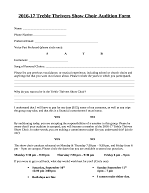 2016-17 Treble Thrivers Show Choir Audition Form