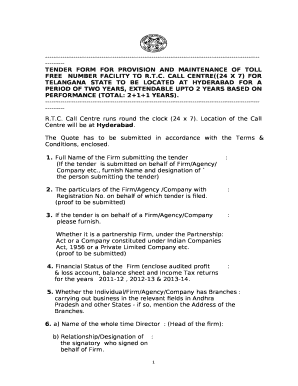 TENDER FORM FOR PROVISION AND MAINTENANCE OF TOLL FREENUMBER FACILITY TO R