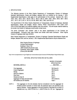 The following sections of the West Virginia Department of Transportation, Division of Highways Standard Specifications, Roads and Bridges, adopted 2010, as modified by the January 1, 2011 Supplemental Specifications, shall apply to the