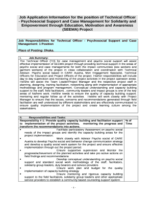 Job Application Ination for the position of Technical Officer - Psychosocial Support and Case Management for Solidarity and Empowerment through Education, Motivation and Awareness (SEEMA) Project template