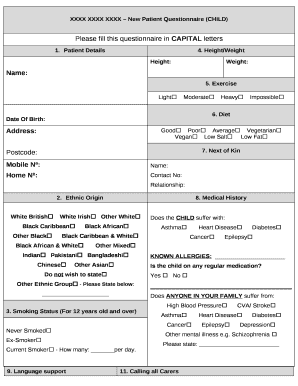 XXXX XXXX XXXX New Patient Questionnaire (CHILD) template