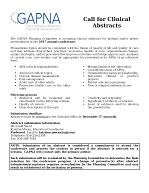 The GAPNA Planning Committee is accepting clinical abstracts for podium and/or poster presentations at the 2017 annual conference