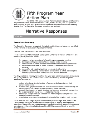 The CPMP Fifth Annual Action Plan includes the SF 424 and Narrative Responses to Action Plan questions that CDBG, HOME, HOPWA, and ESG grantees must respond to each year in order to be compliant with the Consolidated Planning Regulations