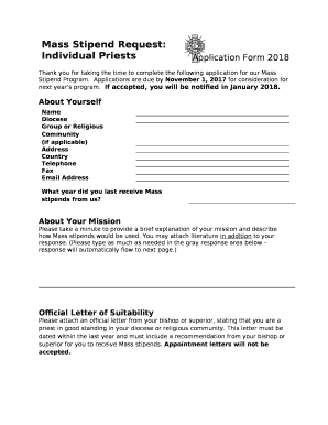 Mass stipend request: individual priests application form 2018