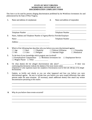 This form is to be used by persons alleging discrimination prohibited by the Workforce Investment Act and administered by the State of West Virginia