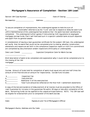 Mortgagees Assurance of Completion - Section 184 Loan
