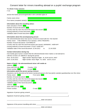 Consent letter for minors travelling abroad on a pupils' exchange program