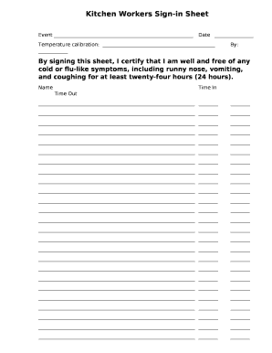 Kitchen Workers Sign-in Sheet Doc Template | pdfFiller
