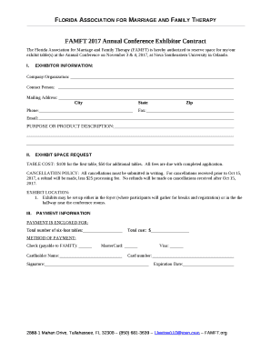 The Florida Association for Marriage and Family Therapy (FAMFT) is hereby authorized to reserve space for my/our exhibit table(s) at the Annual Conference on November 3 & 4, 2017, at Nova Southeastern University in Orlando