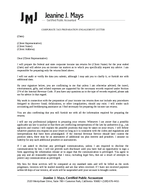 CORPORATE TAX PREPARATION ENGAGEMENT LETTER
