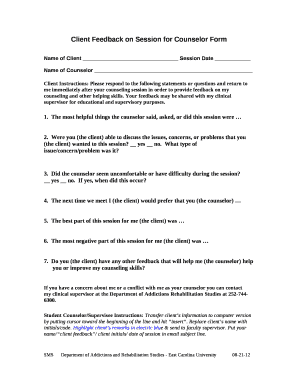 Client Feedback on Session for Counselor Form