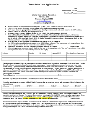 Chester Swim Team Application 2017