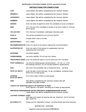 HONOURS CITATION FORM: STATE and NON STATE