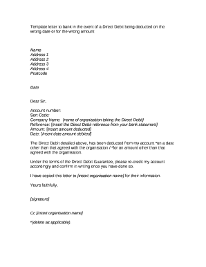 Template letter to bank in the event of a Direct Debit being deducted on the wrong date or for the wrong amount template
