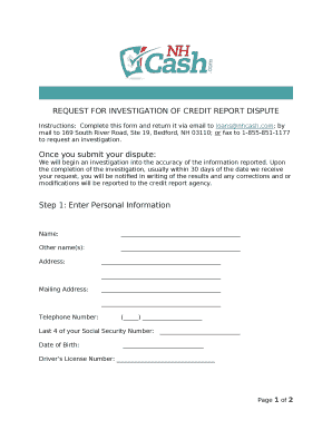 REQUEST FOR INVESTIGATION OF CREDIT REPORT DISPUTE