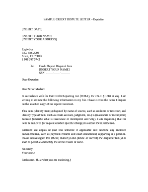 SAMPLE CREDIT DISPUTE LETTER Experian