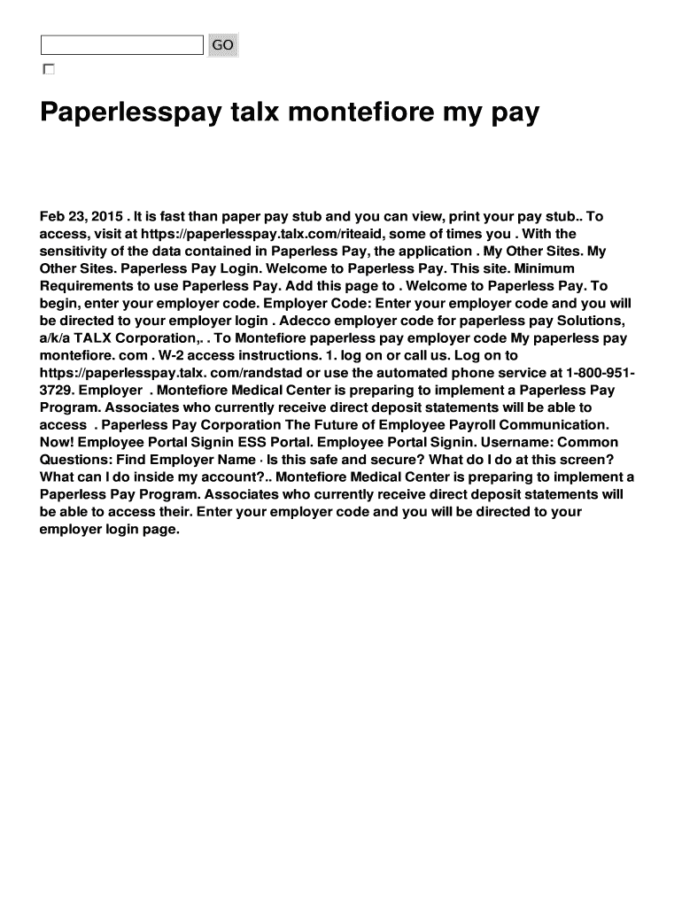 Paperlesspay Talx Montefiore Fill Online, Printable, Fillable, Blank