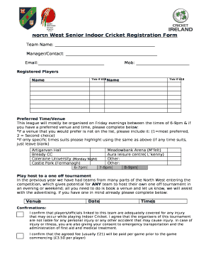 North West Senior Indoor Cricket Registration Form