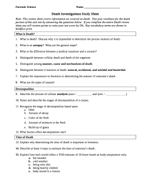 Death Investigations Study Sheet