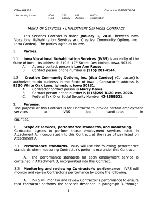This Services Contract is dated January 1, 2016, between Iowa Vocational Rehabilitation Services and Creative Community Options, Inc