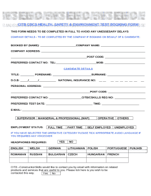 CITB CSCS HEALTH, SAFETY & ENVIRONMENT TEST BOOKING FORM