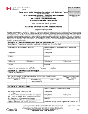 Remplissable Avis aux demandeurs: Veuillez lire laperu du Programme global de subventions et de contributions de lAgence spatiale canadienne (ASC) et la description de lavis doffre de participation aux tudes de dfinition scientifique dans le domaine