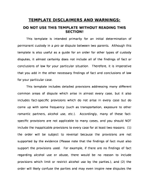 TEMPLATE DISCLAIMERS AND WARNINGS: