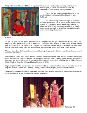 Teejan Bai (born 24 April 1956) is an exponent of Pandavani, a traditional performing art form, fromChhattisgarh, in which she enacts tales from the Mahabharata, with musical accompaniments