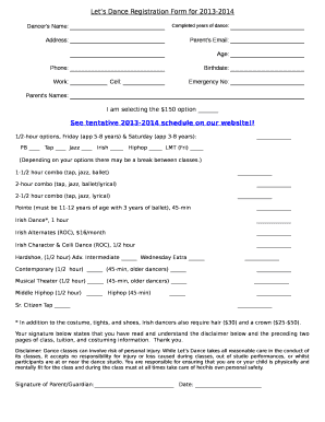 Lets Dance Registration Form for 2013-2014