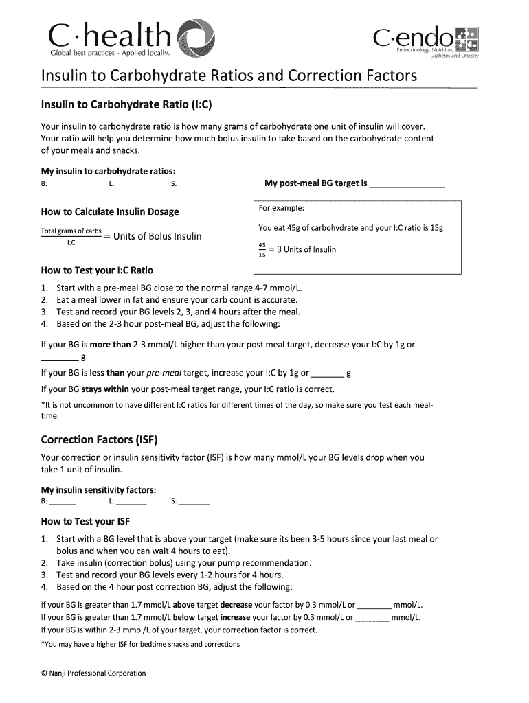 Fillable Online Insulin to Carbohydrate Ratios and Correction Factors
