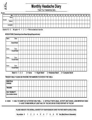 Printable Monthly Headache Diary