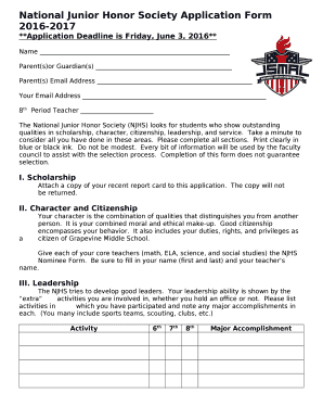 fillable online national junior honor society application form 2016 njhs application form