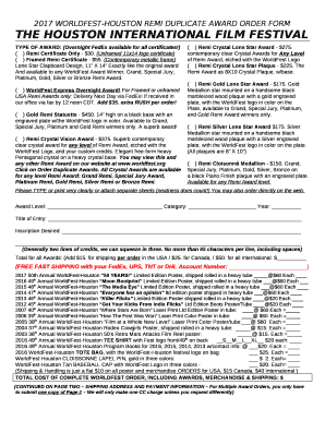 2017 WORLDFEST-HOUSTON REMI DUPLICATE AWARD ORDER FORM