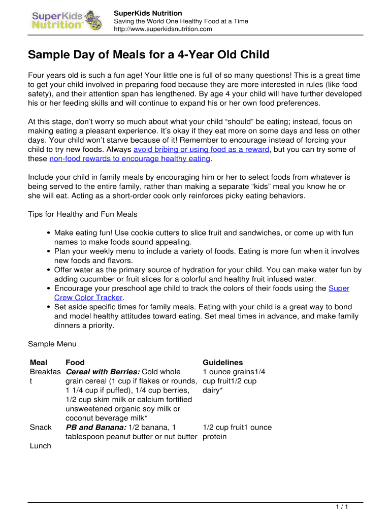 Fillable Online Sample Day Of Meals For A 4 Year Old Child Fax Email